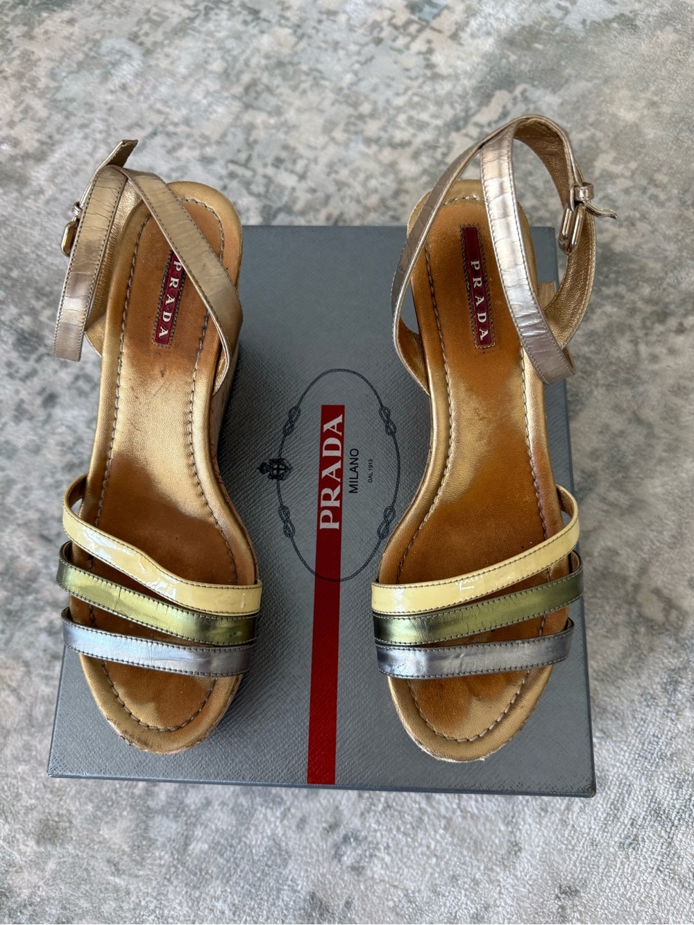 Prada Metallic Multitone Strappy Sandals — Gold, Silver, Pale Yellow